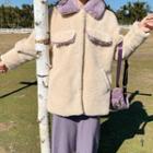 Furry Snap-buttoned Long Jacket / Sleeveless Midi Knit Dress