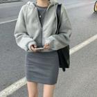 Plain Long-sleeve Slim-fit Dress / Loose-fit Hooded Jacket