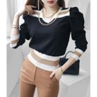 Puff-sleeve Chain-trim Contrast Knit Top