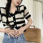 Short-sleeve Striped Button-up Cropped Knit Top Black - One Size