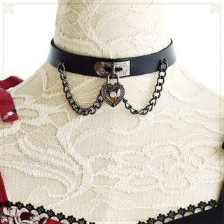 Heart Lock Pendant Faux Leather Choker Black - One Size