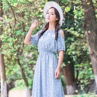 Cold Shoulder Printed Short-sleeve A-line Midi Dress