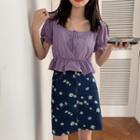 Short-sleeve Blouse / Floral Print Mini Fitted Skirt