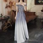 Off-shoulder Embroidered Ombre Glitter A-line Evening Gown