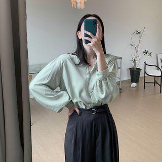 Mandarin-collar Balloon-sleeve Silky Blouse