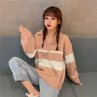 Color-block V-neck Long-sleeve Loose-fit Knit Top