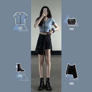 Set: Short-sleeve Button Knit Top + Mini A-line Skirt