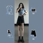 Set: Short-sleeve Button Knit Top + Mini A-line Skirt