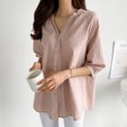 V-neck Elbow-sleeve Blouse Pink - One Size