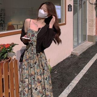 Cropped Button Jacket / Spaghetti Strap Floral Print Midi Sundress