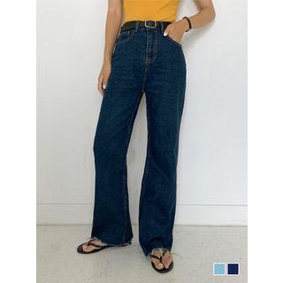 Distressed Long Wide Straight-cut Jeans
