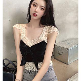 Cap-sleeve Lace Panel Velvet Top