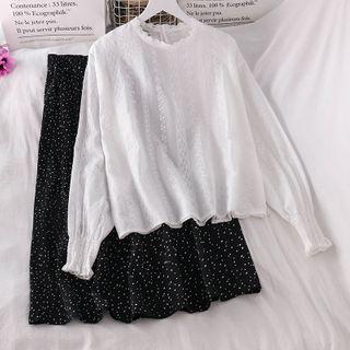 Eyelet Lace Long-sleeve Blouse / Dotted Midi Skirt