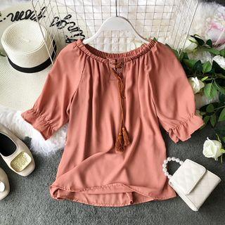 Off-shoulder Tassel-detail Plain Chiffon Blouse