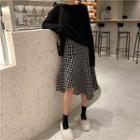 Plain Sweater / Plaid Asymmetrical A-line Skirt