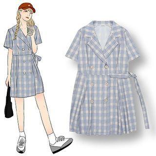 Short-sleeve Plaid Double-breasted Shirtdress As Shown In Figure - One Size