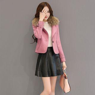 Furry Trim Notch Lapel Coat