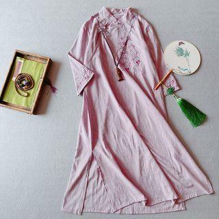 3/4-sleeve Embroidered Frog Button Midi A-line Dress