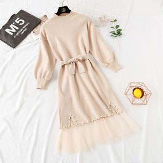 Set: Balloon-sleeve Faux Pearl Sweater + Midi A-line Mesh Skirt