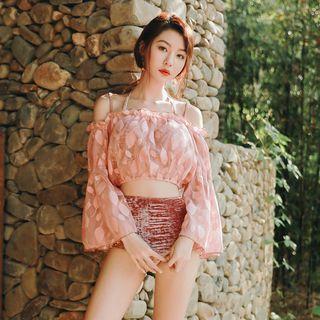 Set: Velvet Bikini + Long-sleeve Frill Trim Embroidered Cover-up Top