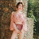 Set: Velvet Bikini + Long-sleeve Frill Trim Embroidered Cover-up Top
