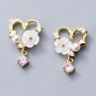 925 Sterling Silver Rhinestone Flower & Heart Earring S925 Silver - Gold & White & Pink - One Size