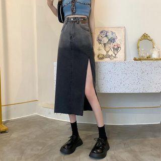 Gradient Slit A-line Denim Maxi Skirt