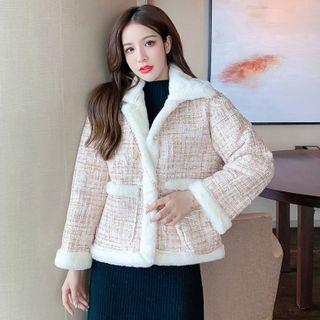 Long-sleeve Faux Fleece Panel Tweed Cardigan