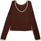 Long-sleeve V-neck T-shirt Brown - One Size
