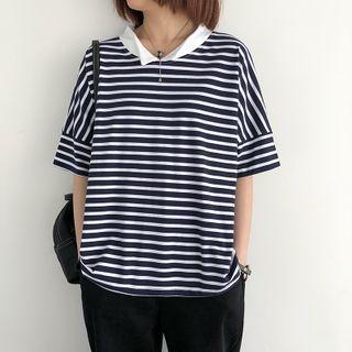 Collared Striped Short-sleeve T-shirt Blue - One Size