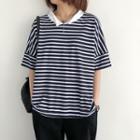 Collared Striped Short-sleeve T-shirt Blue - One Size