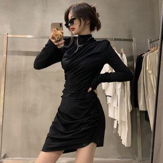 Mock-turtleneck Long-sleeve Shirred A-line Dress