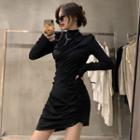 Mock-turtleneck Long-sleeve Shirred A-line Dress