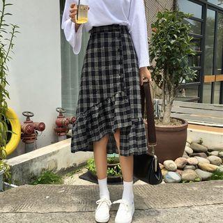 Plaid Ruffle Midi A-line Skirt As Shown In Figure - One Size