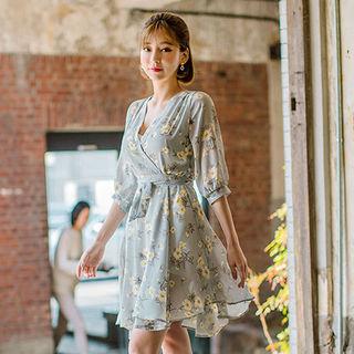 Floral Chiffon Flare Dress With Sash