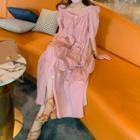 Short-sleeve Square-neck Plain Maxi Dress Pink - One Size