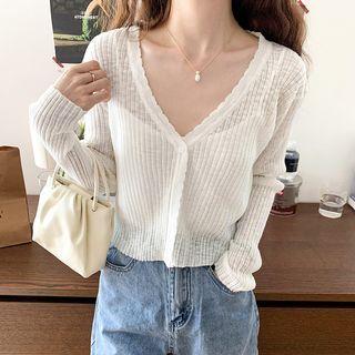 Long-sleeve V-neck Plain Ribbed Sheer Knit Top