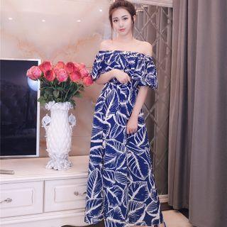 Elbow-sleeve Print A-line Maxi Dress