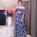 Elbow-sleeve Print A-line Maxi Dress