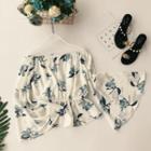Bell-sleeve Off-shoulder Floral Print Chiffon Blouse