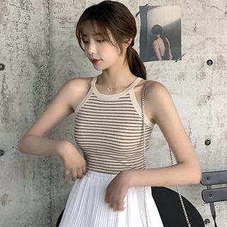 Halter-neck Striped Ribbed Knit Top