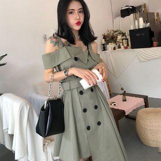 Short-sleeve Cutout Double Breasted A-line Dress