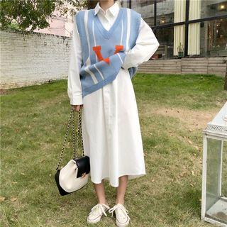 Long-sleeve Shirt Dress / Sweater Vest