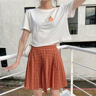 Short-sleeve Fruit Embroidered T-shirt / Plaid A-line Skirt