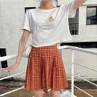 Short-sleeve Fruit Embroidered T-shirt / Plaid A-line Skirt