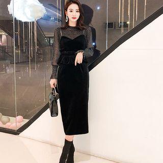 Set: Long-sleeve Mesh Top + Midi Pinafore Dress