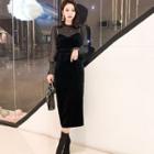 Set: Long-sleeve Mesh Top + Midi Pinafore Dress