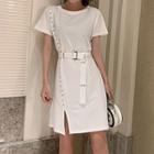 Short-sleeve Belted Mini Split T-shirt Dress