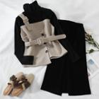 Set: Mock Two-piece Long-sleeve Top + Back Slit Midi Knit Skirt