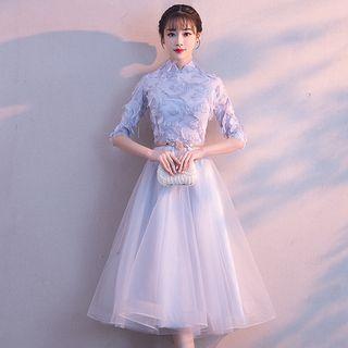 Fringe Trim Elbow-sleeve A-line Cocktail Dress